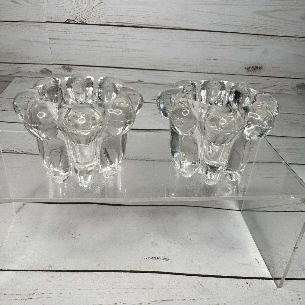 Vintage Scandinavian Clear Glass Candle Holders‎ Set Of 2 For Taper Candle